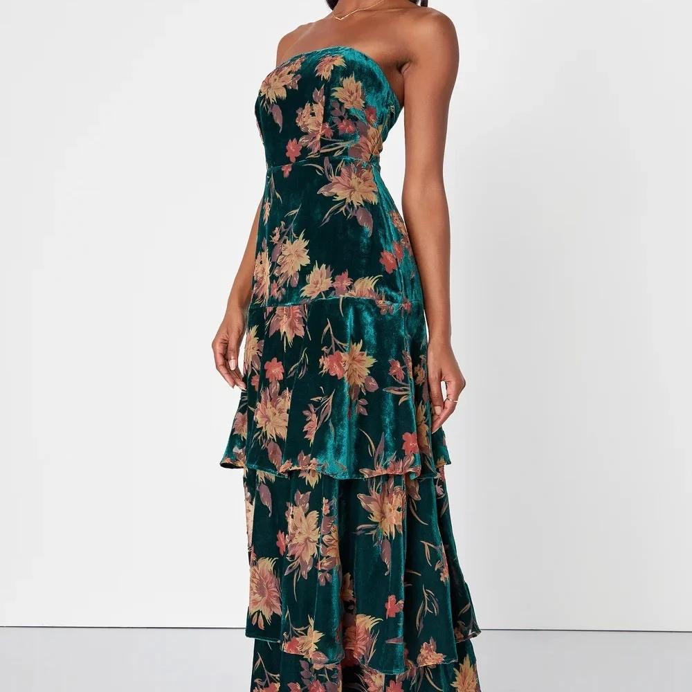 Lulu's Teal Floral Velvet Strapless Maxi Dress - Picture 4 of 16